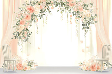 Elegant floral archway with soft pink roses and white flowers, creating a romantic backdrop for events