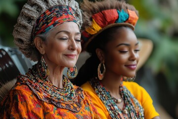 Fototapeta premium Two women adorned in colorful traditional attire share a serene moment, reflecting cultural heritage and unity through vibrant expressions.