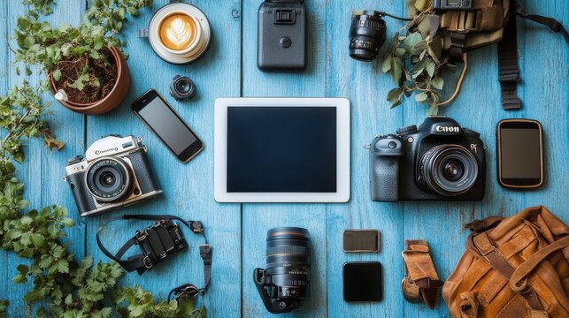 Photographer's Desk: Vintage Camera Gear, Modern Technology, and Natural Elements on Weathered Blue Wood, Featuring Cameras, Lenses, Tablet, Phone, and a Cup of Coffee. - Powered by Adobe