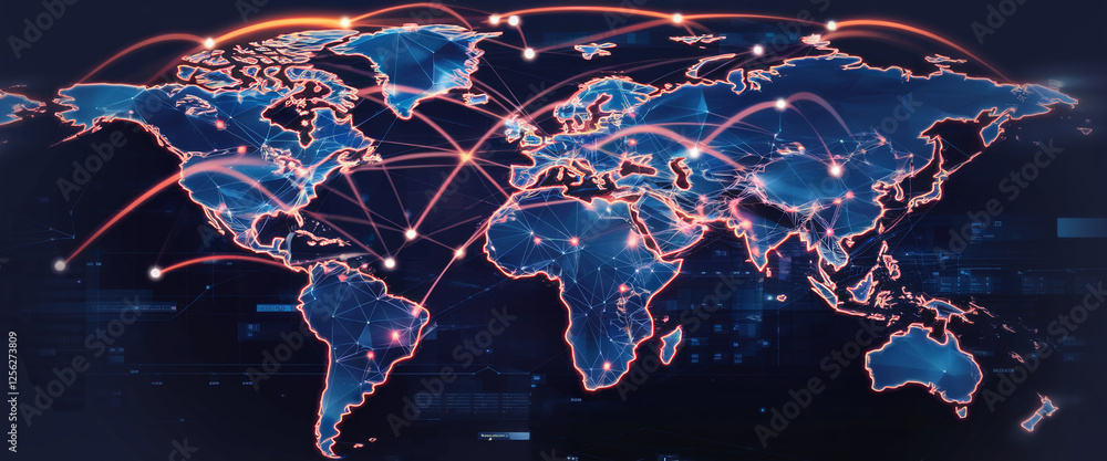 Poster A digital world map with glowing connections across countries and continents, showcasing the concept of global data flow and interconnected networks.