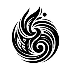 Intricate swirling black ink emblem design, circular structure, abstract artwork, tattoo-inspired, on a white background, circular composition, elegant.