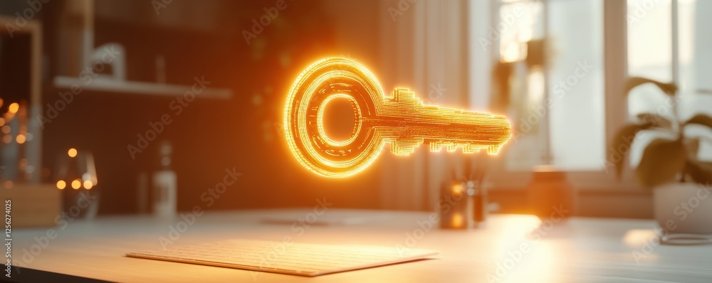 Poster Glowing digital key floating above a laptop symbolizing cybersecurity concepts