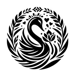 A stylized black and white swan emblem surrounded by leaves and hearts in a circle.