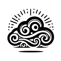 Stylized cloud icon, resembling a swirling storm, over a white background, emanating light bursts.
