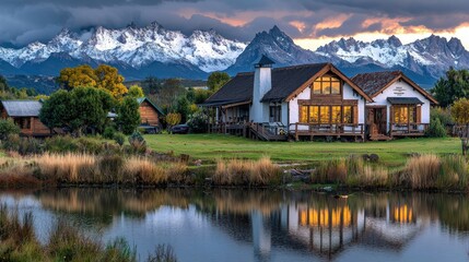 Fototapeta premium Mountain Lake House Scenic Autumnal Landscape