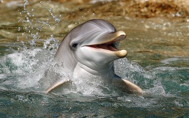 Happy dolphin surfacing in clear water, splashing.