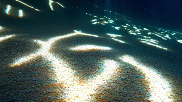 Sunlight creates mesmerizing caustic patterns on the seabed, shifting and shimmering with the movement of the water, illuminating the sandy bottom in a captivating display of light and shadow