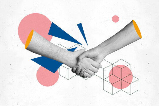 Creative sketch collage of business people handshake gesture approval project development success colleagues cooperation support