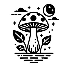 **Simplified Mushroom's Celestial Serenade: A Black and White Illustration Featuring Crescent Moon and Stars Amidst a Forest**