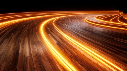 Glowing Lines on Wooden Path - Abstract of a curving wooden path illuminated by bright orange glowing lines. Perfect for backgrounds or design elements