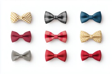 Various bow tie sets displayed, each unique, isolated on white background