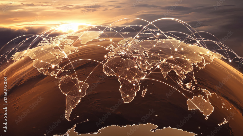 Poster a futuristic global network with glowing connections spanning across continents, symbolizing worldwi