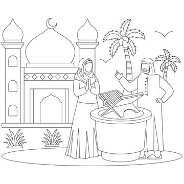 muslim couple reading quran near mosque clip art preview