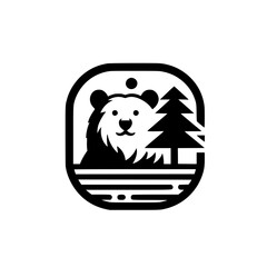 Simplified black and white icon of bear gazing at pine tree