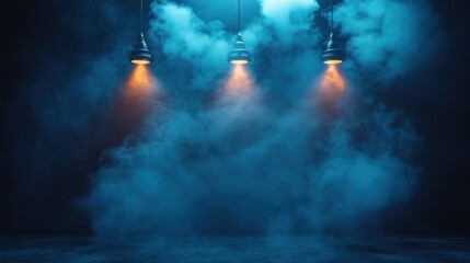 Obraz premium Dramatic stage lighting with blue smoke and orange highlights creating an atmospheric backdrop
