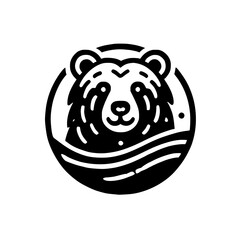 Minimalist Illustration: A Friendly Bear, Circular Composition, Black and White with a stylized wavy line.