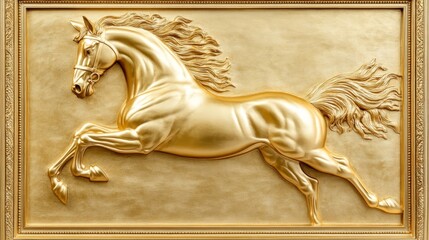 Golden Horse Bas Relief Sculpture - A stunning bas-relief sculpture of a golden horse, dynamically captured in mid-stride. The intricate detail and luxurious gold finish make it a captivating piece