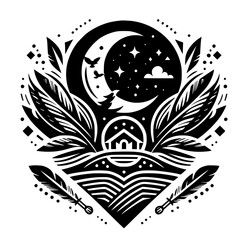 Nighttime Scene: Moonlit Sky Above a House, Birds Flying.