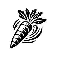 Black and White Silhouette of a Carrot with Foliage in a Circle Design