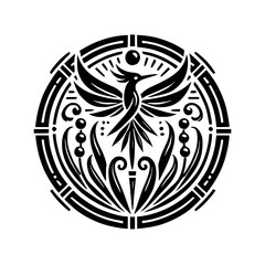 Black and white abstract symmetrical art piece. A phoenix-like bird inside a circle.
