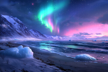 Naklejka premium yellowknife winter dawn aurora beach