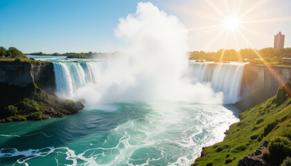 Fototapeta premium Majestic waterfall cascading into turquoise water under bright sun