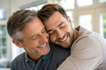 Fototapeta premium dad and son A joyful moment between a father and son, sharing a warm embrace and smiles, showcasing love and connection in a bright, cozy setting.