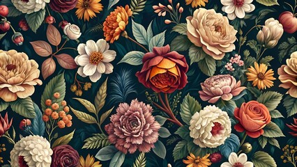 Vintage Floral Pattern with Dark Moody Botanical Illustration