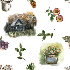 Seamless digital background with watercolor illustrations about slow living in nature. Cottage. Garden. Vegetables from the garden