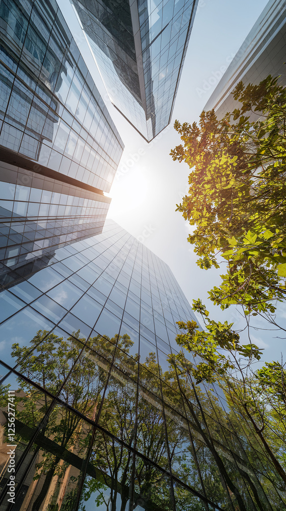 Poster a vertical perspective of urban architecture featuring glass buildings with reflections of trees, sy