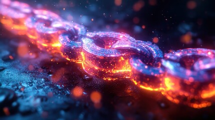 Glowing chain link in fiery scene, sparks and cool backdrop.  Possible use stock photo