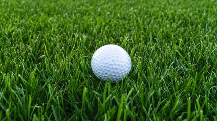 Obraz premium Golf Ball on Green Grass - A single white golf ball rests on a lush green grass putting green. Perfect for sports, leisure, or golf-related content