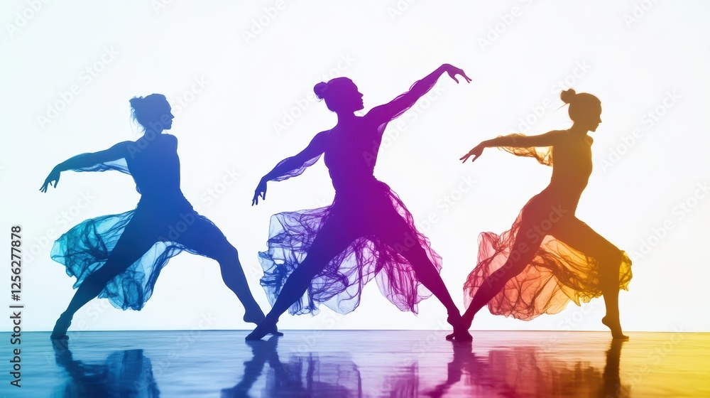 Poster dynamic dancers in vibrant silhouettes showcasing fluid motion against a clean background. generativ