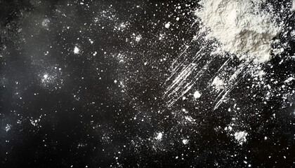 Obraz premium Scattered flour on black table, top view