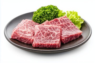Fototapeta premium Raw wagyu beef on a plate isolated on white background with fresh garnish