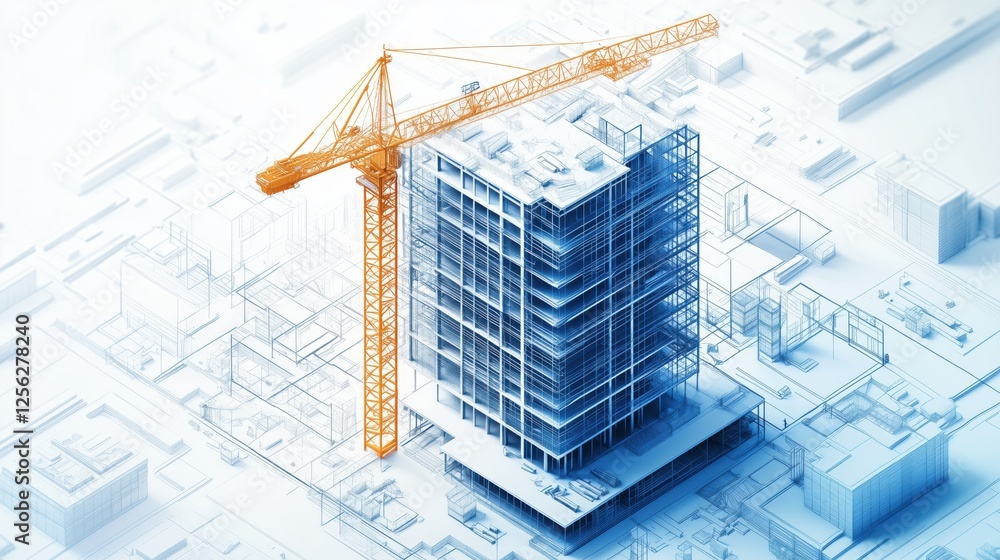 Poster bim services diagram illustrating construction processes on a white background showing a building pr