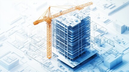 BIM services diagram illustrating construction processes on a white background showing a building project with a crane
