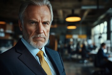 Fototapeta premium Businessman in a modern office setting with a serious expression, showcasing confidence and professionalism during work hours