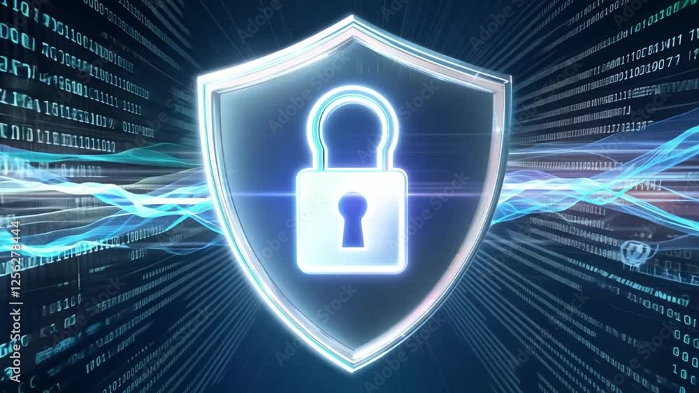 Poster digital security shield with padlock and binary code background