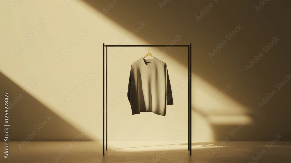 Aufkleber minimalist clothing rack displays neatly arranged garments in a sunlit room with soft shadows. gener