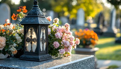 Grave lanterns and flowers on granite surface in cemetery