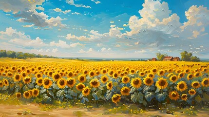 Obraz premium The canvas reveals a sunflower field stretching to the horizon, golden blossoms swaying under a brilliant blue sky, a rustic farmhouse in the distance