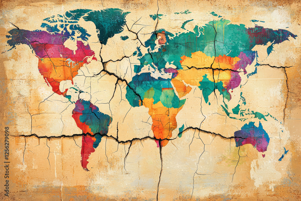 Poster colorful world map with cracks forming, symbolizing division and change. vibrant colors represent di