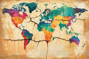 colorful world map with cracks forming, symbolizing division and change. vibrant colors represent different regions, while cracks add sense of urgency and transformation