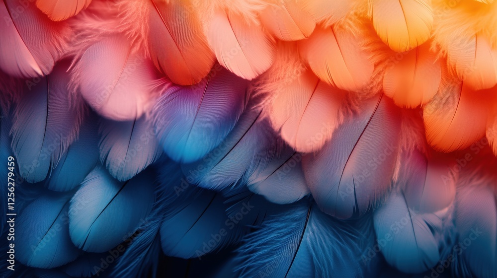 Poster colorful array of feathers in vibrant orange and blue hues creating a striking visual contrast