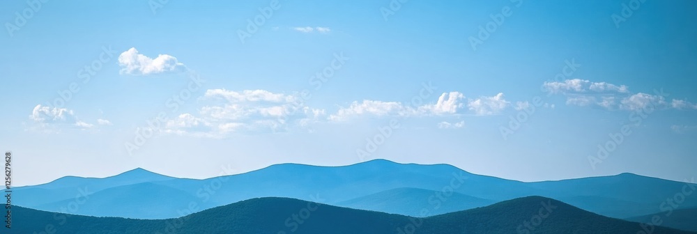 Poster Majestic mountain range under soft clouds with clear blue sky and space for your text. Generative AI