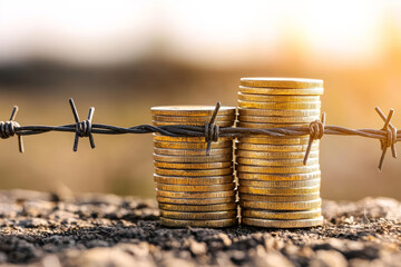 stack of coins trapped behind barbed wire fence symbolizes financial struggle and confinement. warm sunlight adds dramatic effect to scene