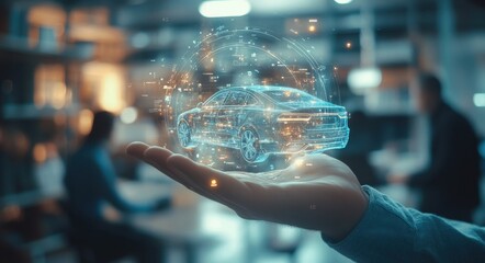 A businessman conceptualizing a car through advanced holographic technology