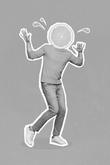 Composite collage photo of young headless active guy orange slice fresh fruit organic lemonade...