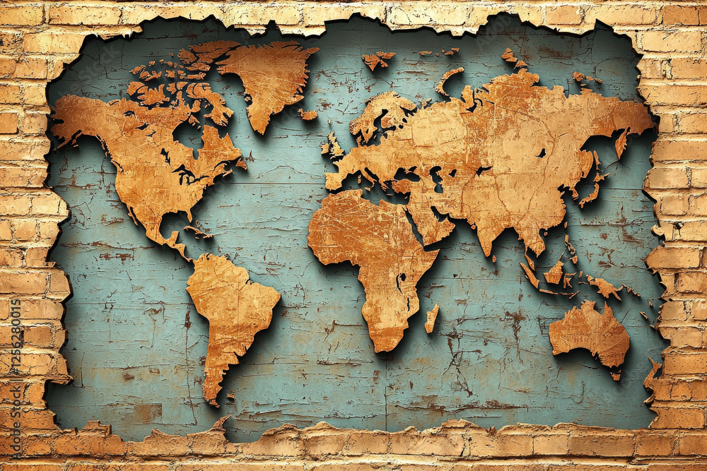 Poster world map on textured wall, showcasing continents in warm tones, creating rustic and artistic feel. 